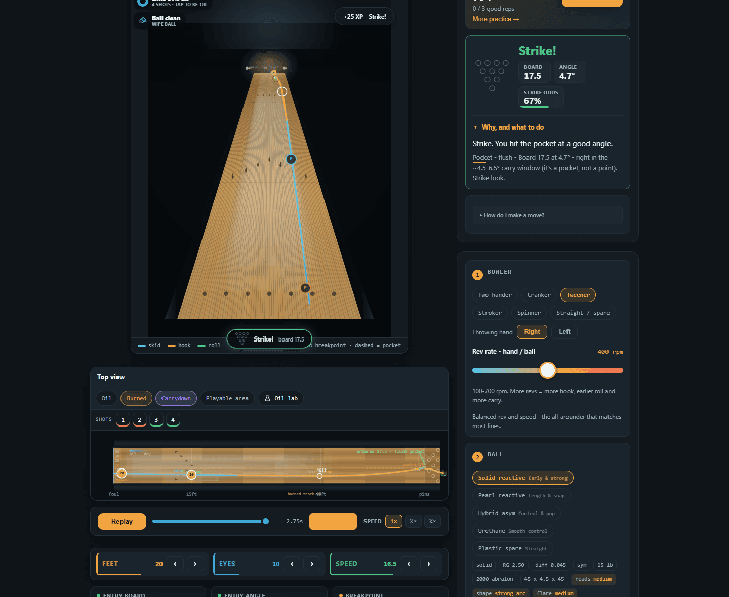BowlerU — free play: a strike, the result card, and the top view of the shot